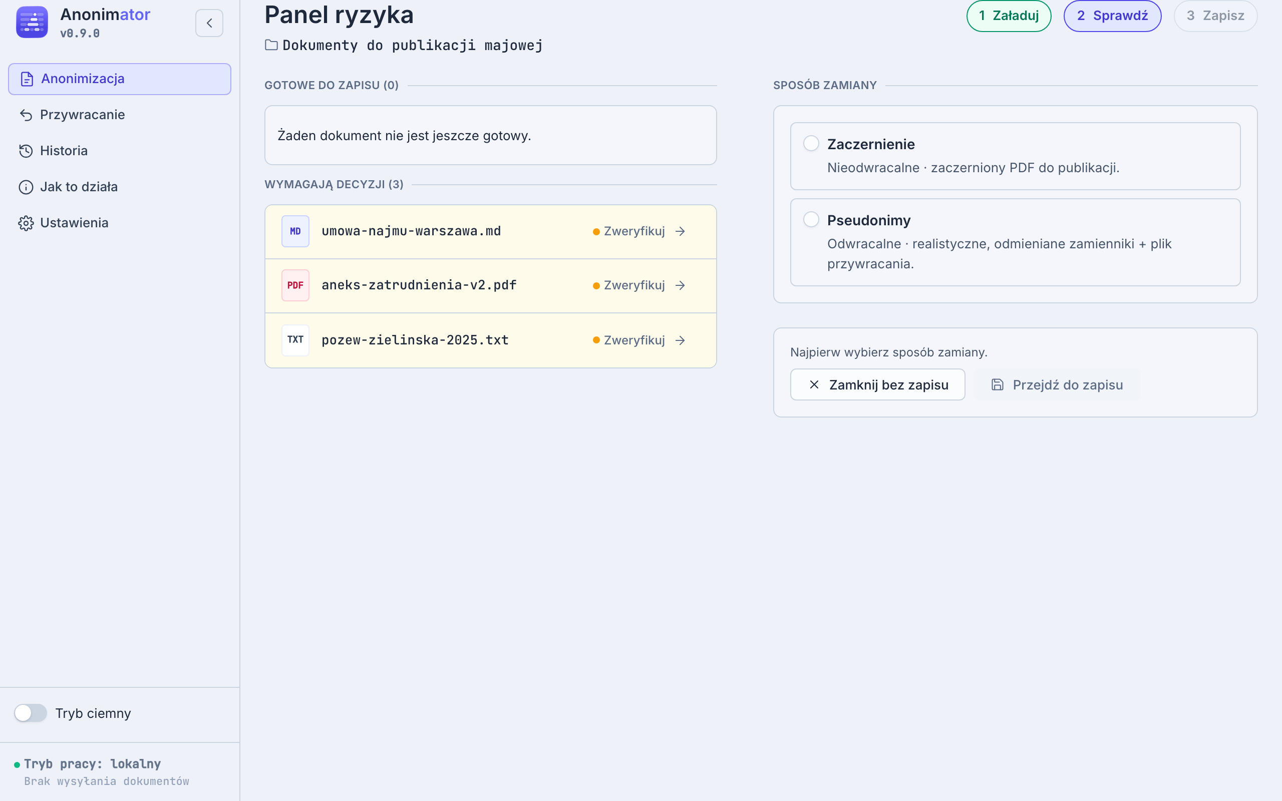 Panel ryzyka ze zbiorczym przeglądem wykryć w zestawie dokumentów
