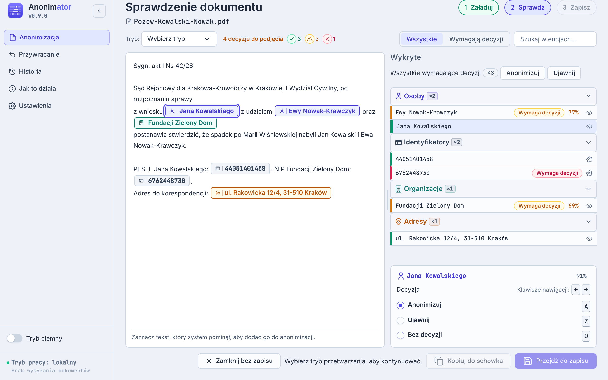 Ekran Sprawdzenie dokumentu z listą wykryć