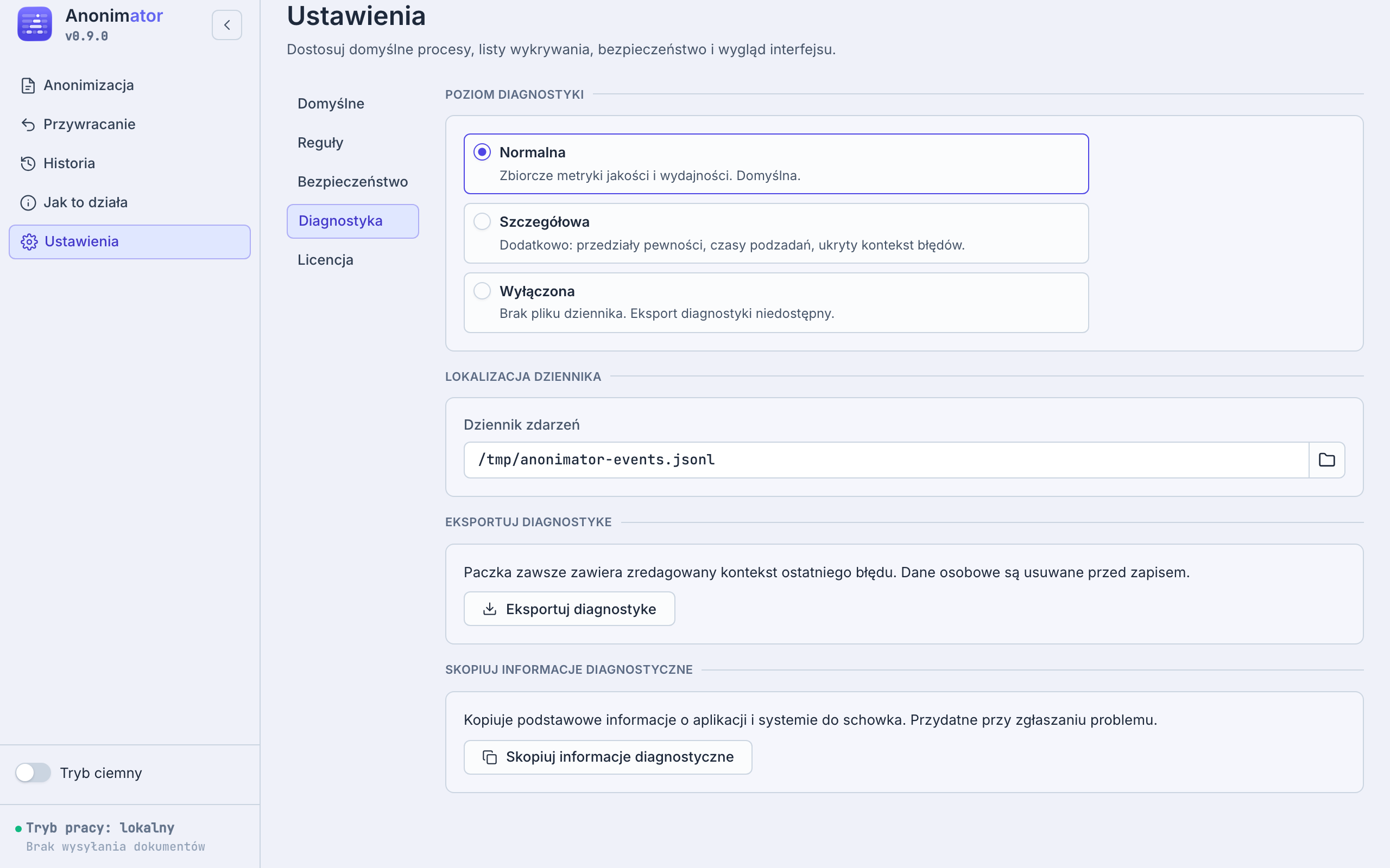 Zakładka Diagnostyka w Ustawieniach ze stanem silnika wykrywania