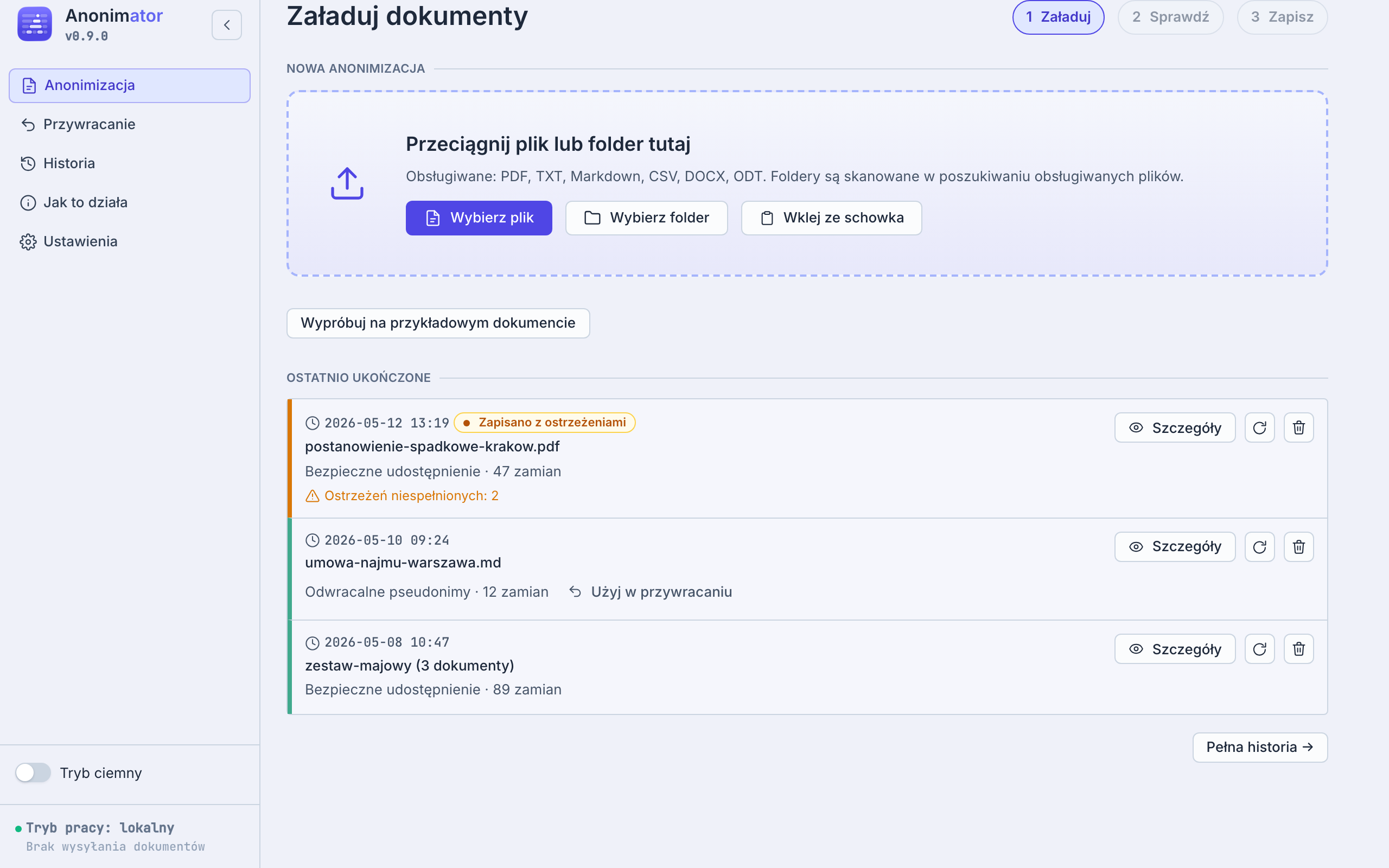 Ekran Załaduj dokumenty z pustym obszarem roboczym