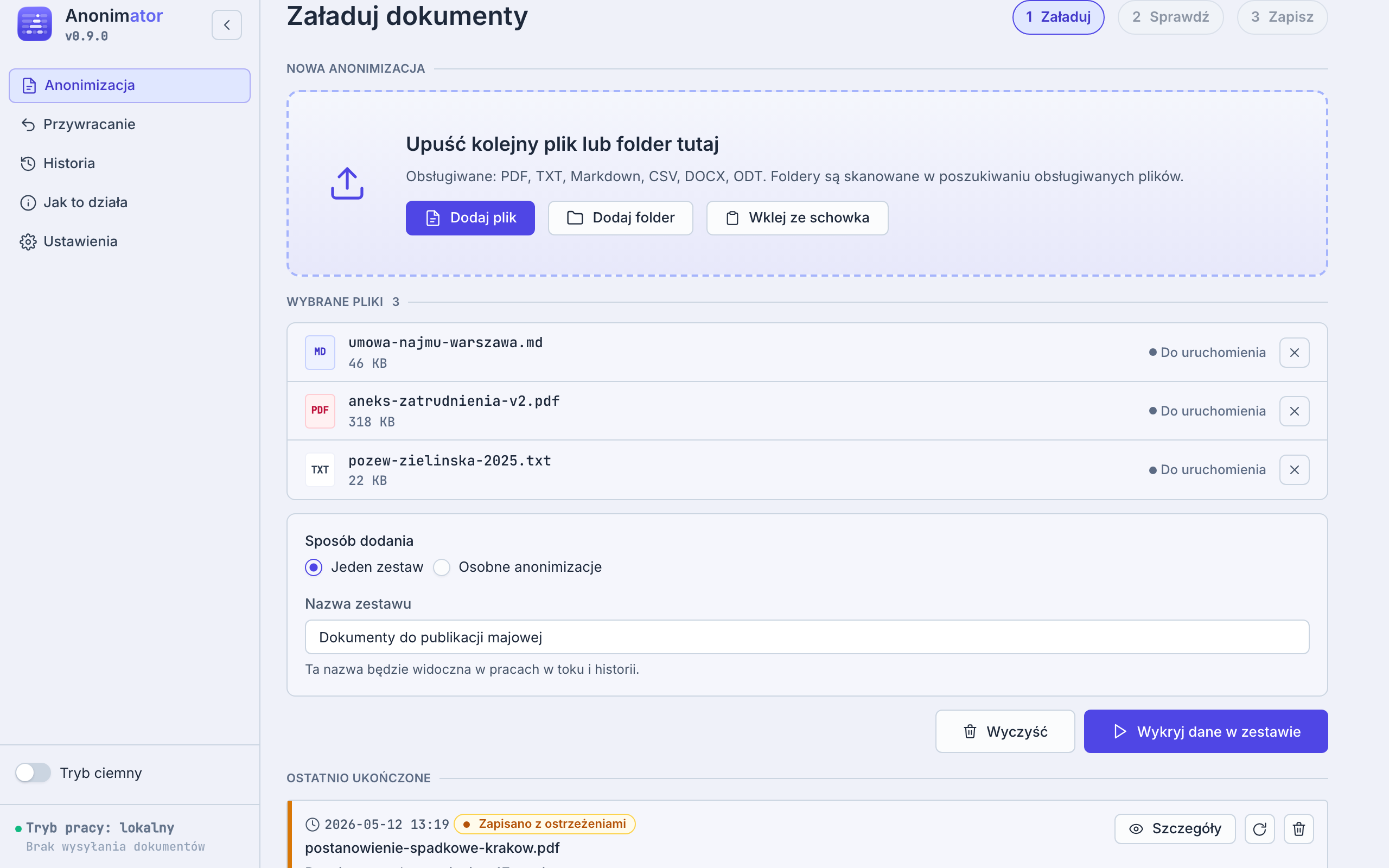 Ekran Załaduj dokumenty z załadowanym zestawem kilku dokumentów