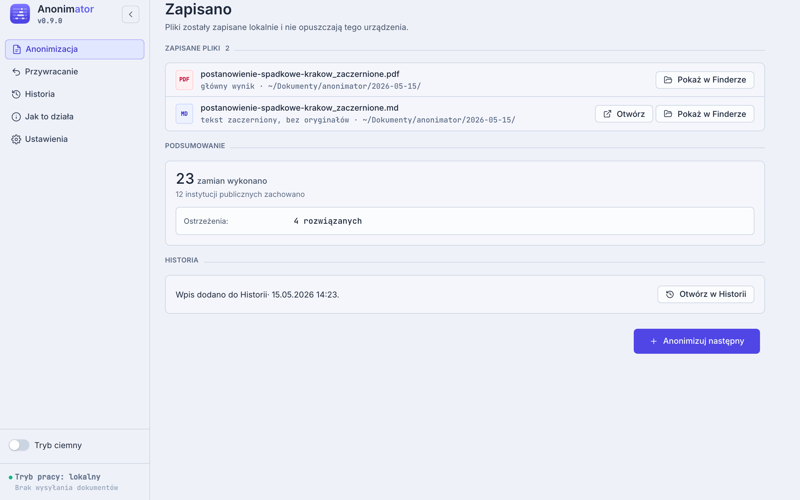 Ekran z potwierdzeniem zapisu wyniku